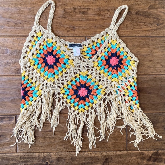 Vivid Tops - Vivid Boho Crochet Fringe Tank Top XL Granny Square Patchwork Summer Festival